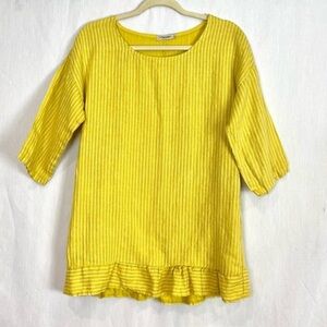 Lungo L'Arno 100% Linen Made in Italy Yellow Striped
Ruffle Lagenlook Blouse Top